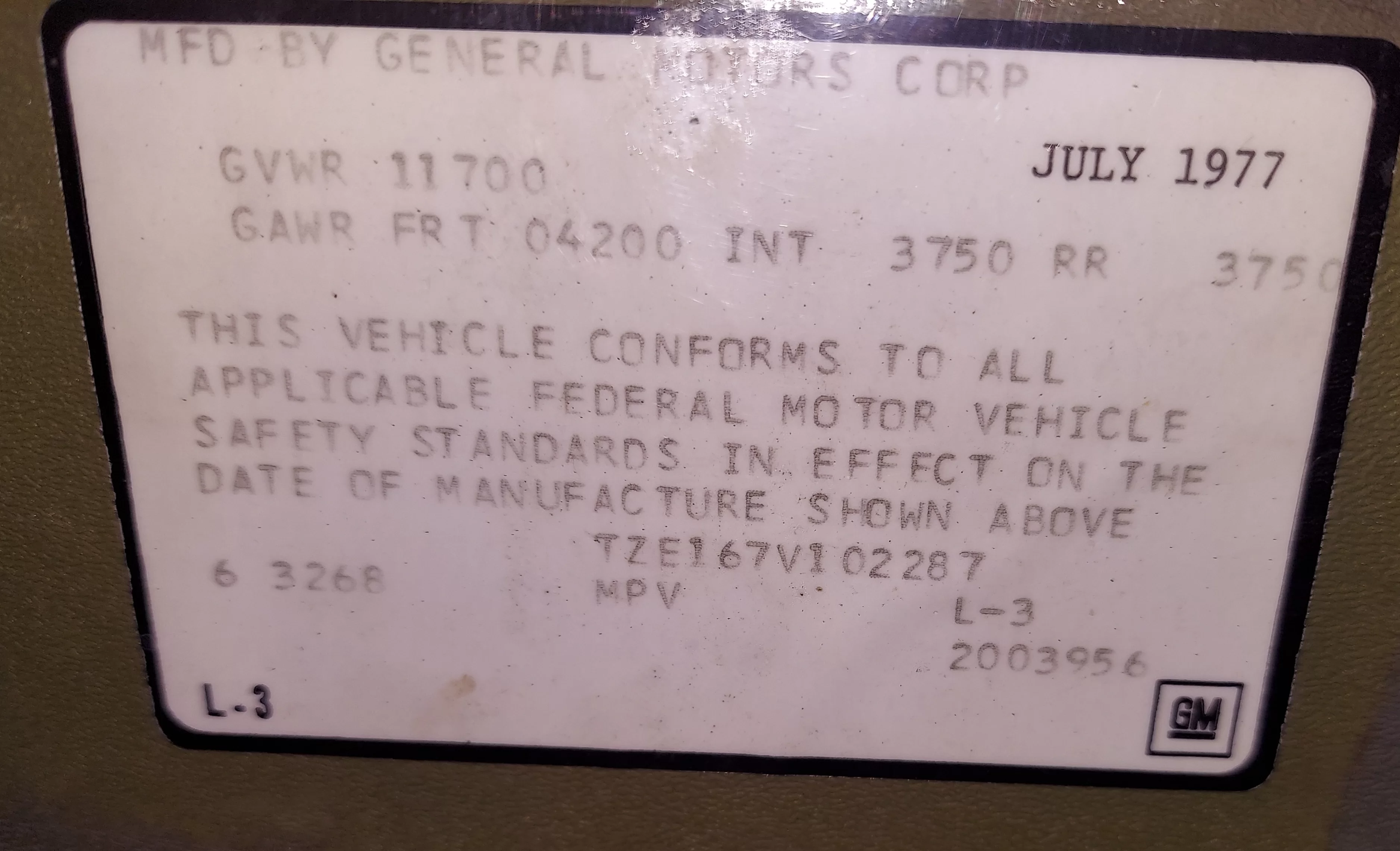 Interior data placard